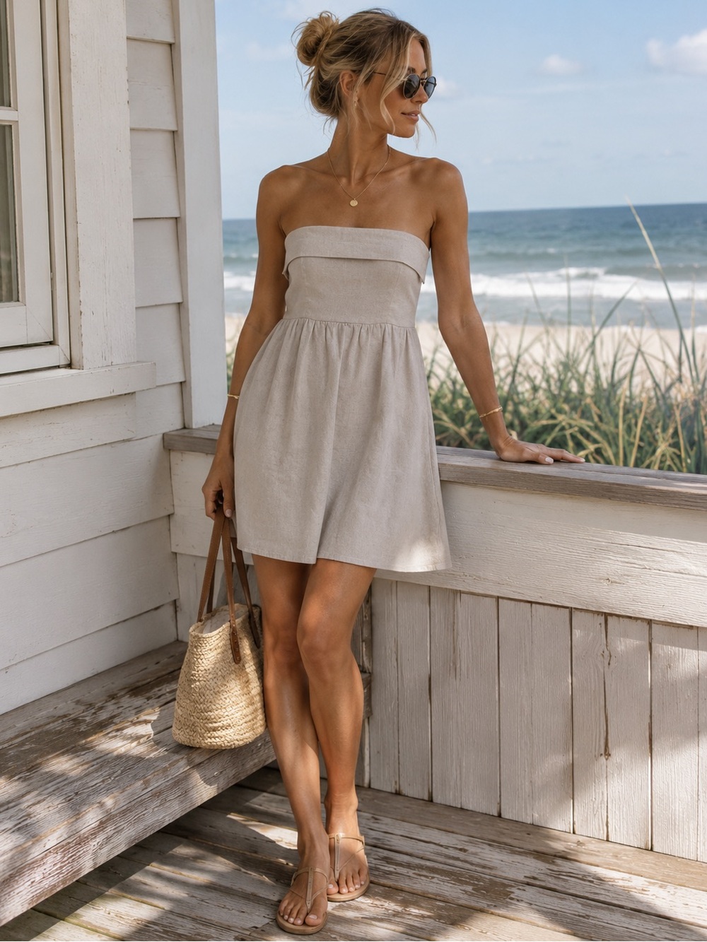 Princess Polly Linen Natural Beige Mini Dress 6 Coastal European Summer Beach